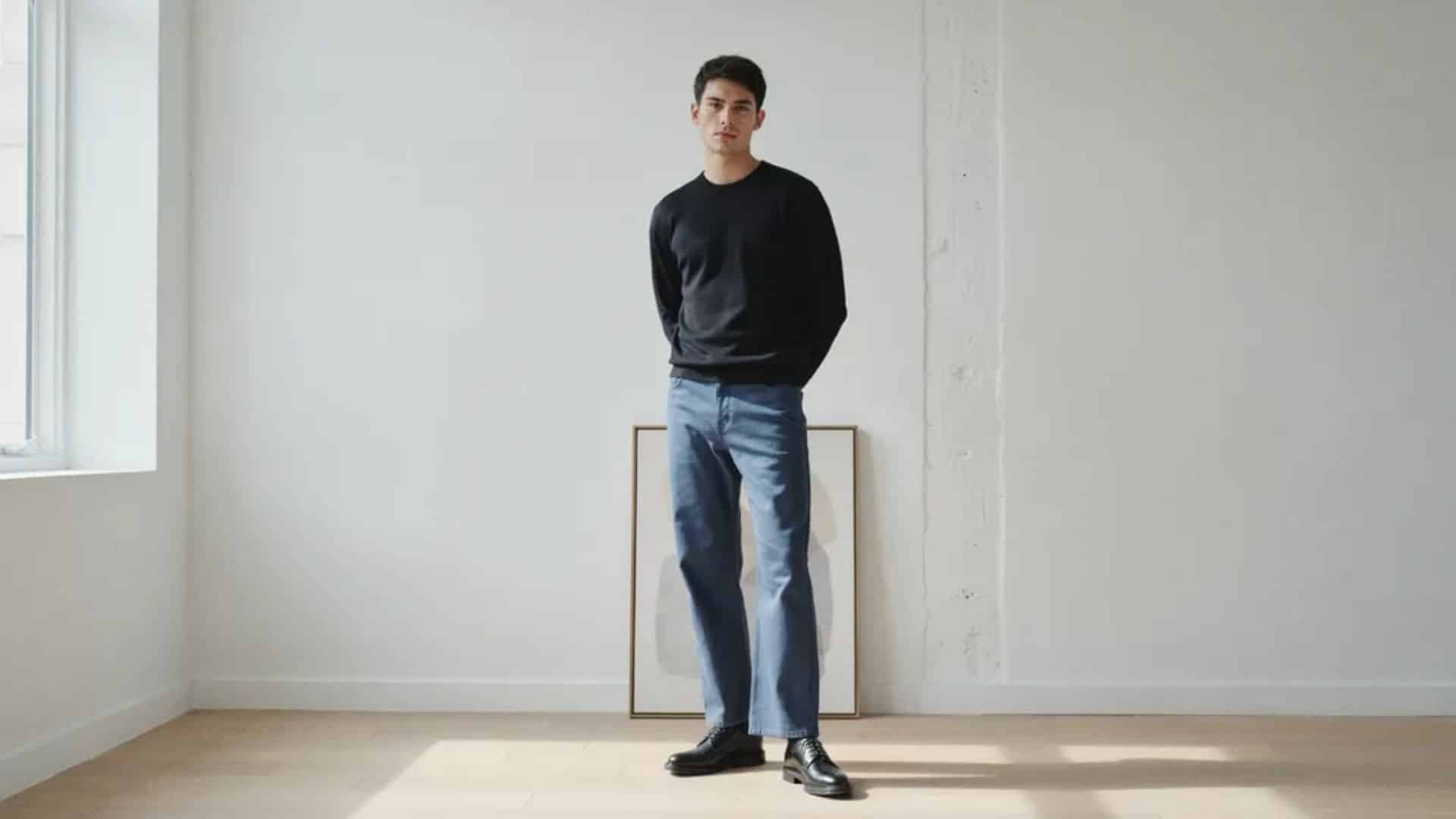 Man wearing black T shirt and wide leg blue jeans standing in minimalist studio with framed art behind him relaxed pose!