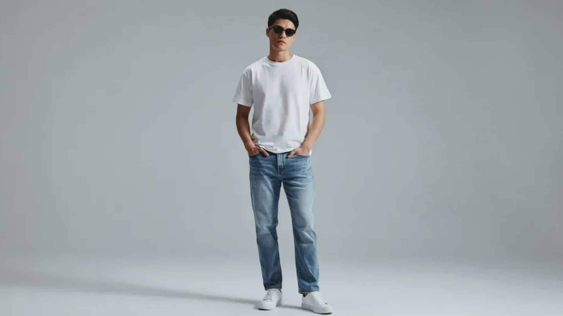 Man wearing white tee light wash straight jeans and white sneakers standing against minimal grey wall relaxed pose style