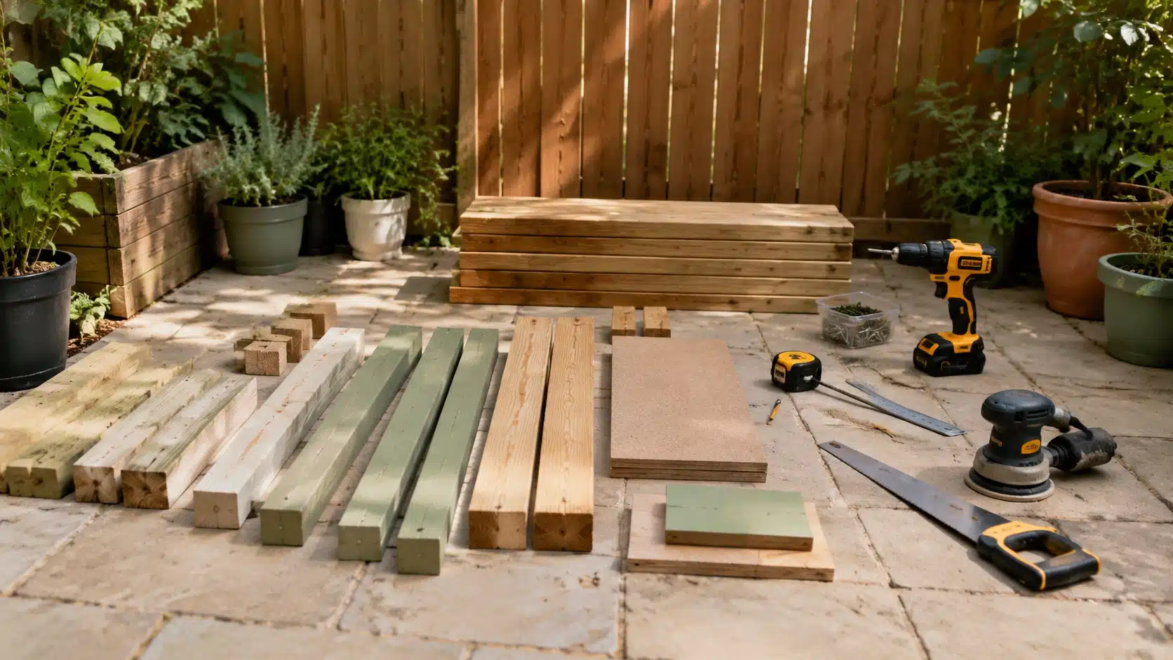 Cut timber, tools, and boards laid out on a patio to start building a mud kitchen.