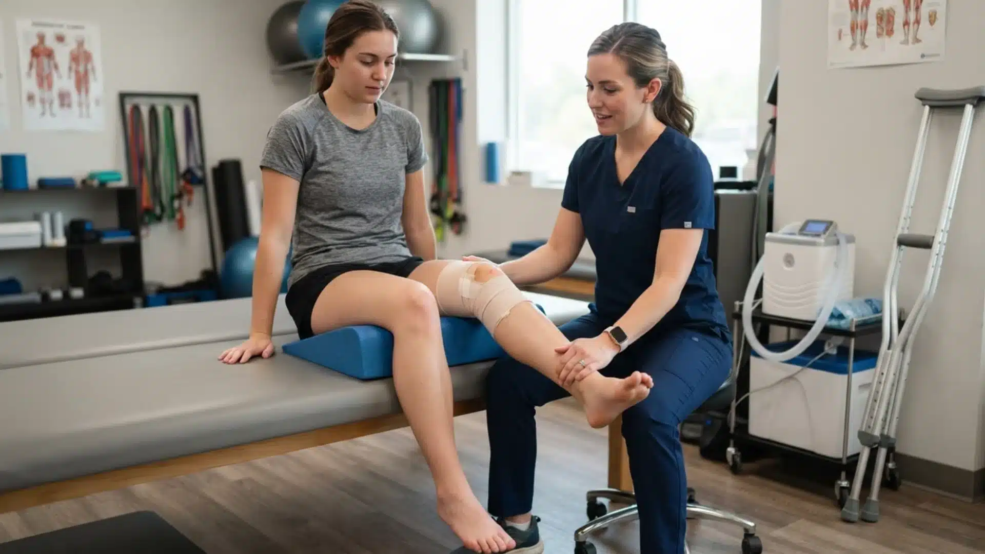 A therapist examines a patient's bandaged leg on an elevated treatment table pad