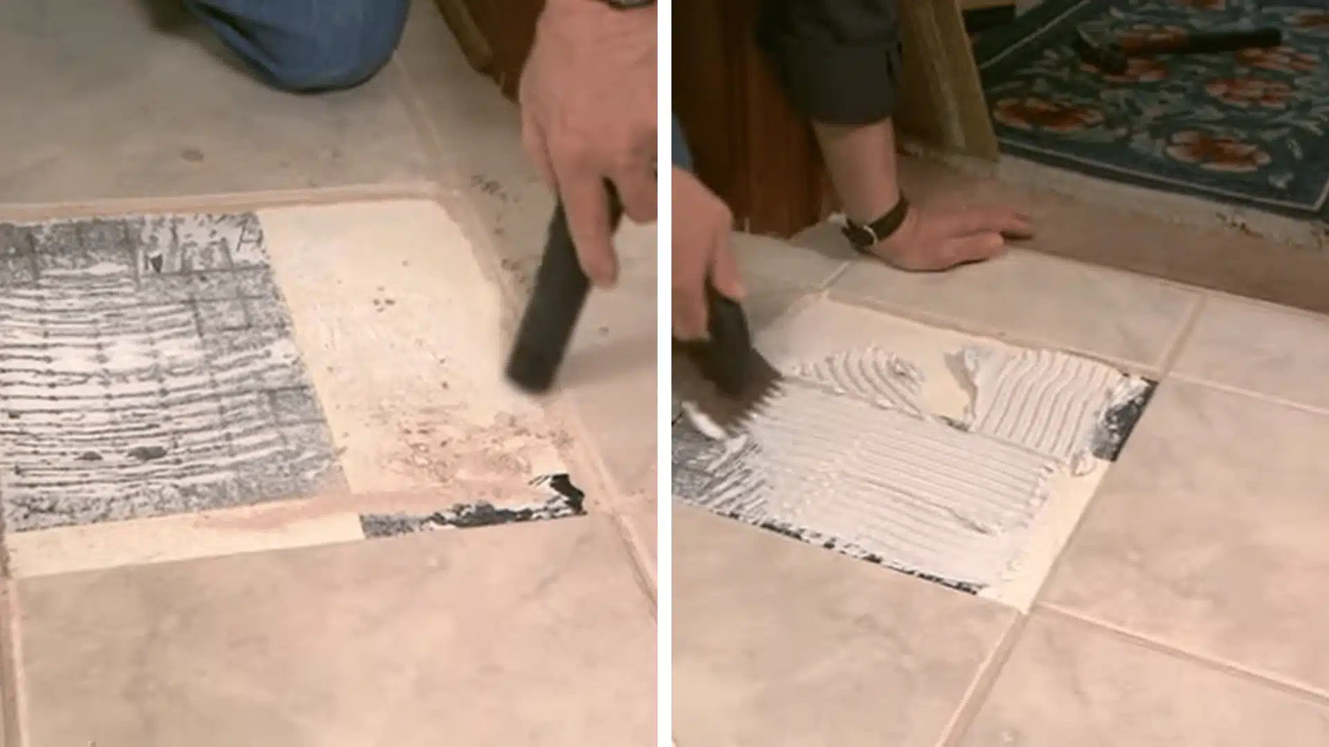 Cleaning the empty tile space and spreading thin-set adhesive with a notched trowel.