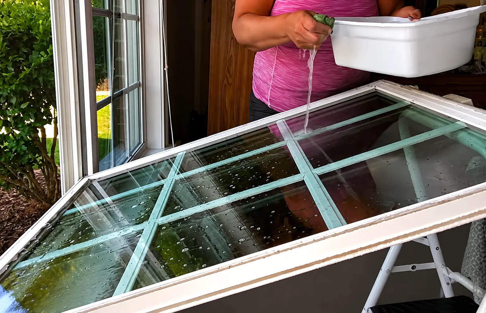 person cleaning a window glass panel with a cloth and water-filled basin during a window cleaning process