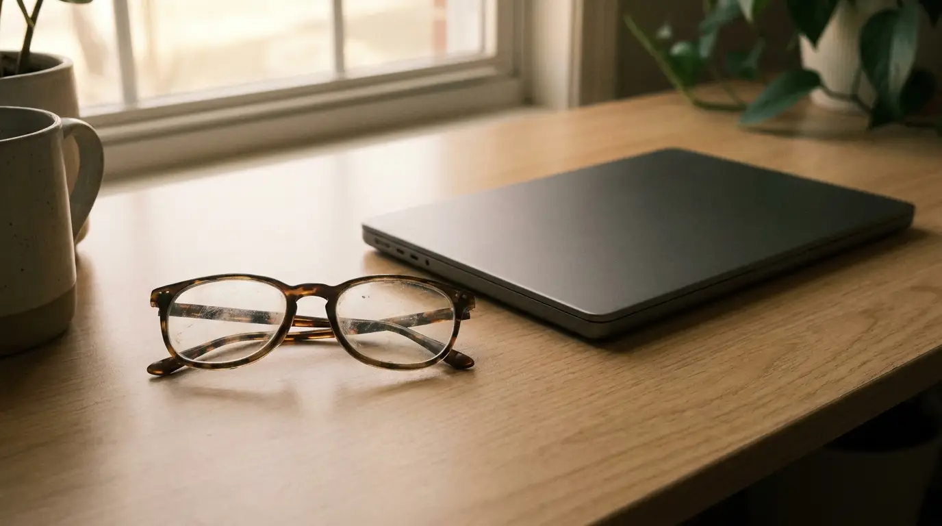 Closed laptop and tortoiseshell glasses on wooden desk near window and potted plant