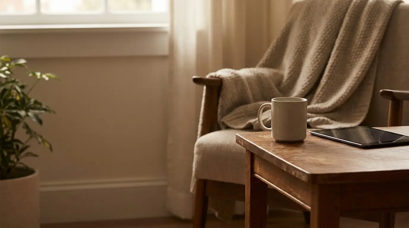 Cozy living room with a mug and tablet on wooden coffee table, warm lighting