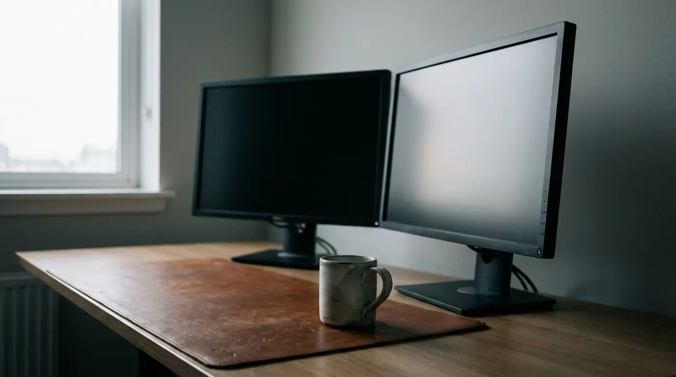 Dual monitors on wooden desk with ceramic mug and leather mat by window