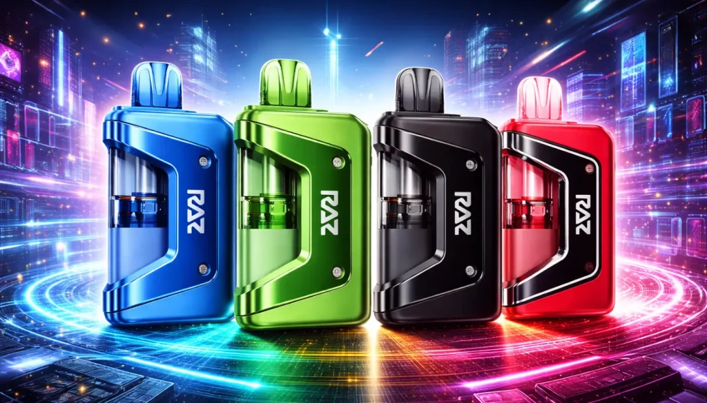 Colorful assorted vape devices with futuristic digital background in a neon-lit environment