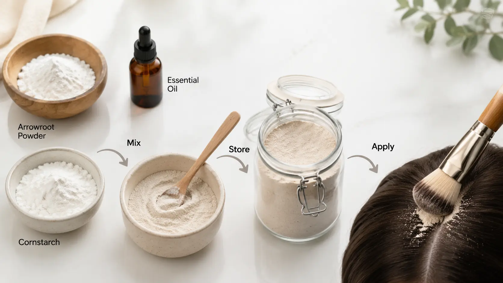 real ingredients and simple steps to make and apply homemade dry shampoo