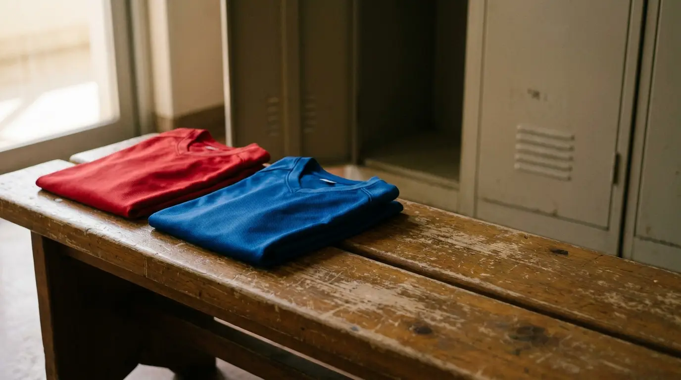 Folded red and blue t-shirts on wooden bench in locker room setting