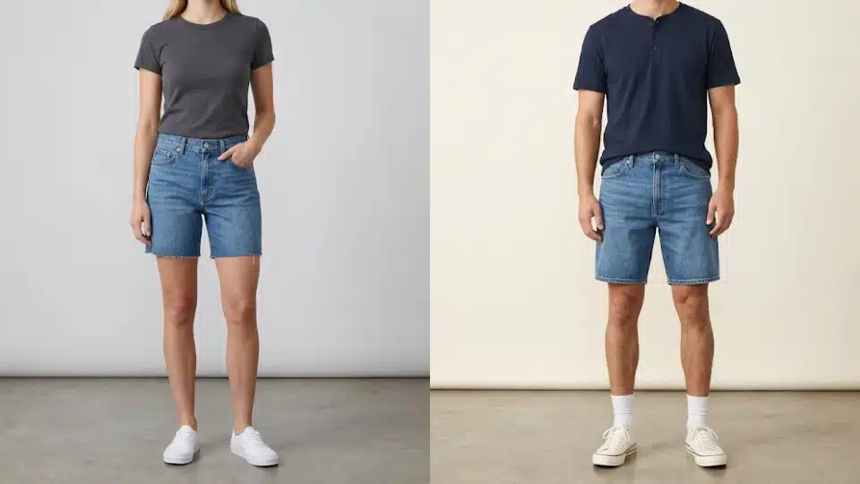 Woman and man wearing relaxed fit jorts styled for casual everyday outfits.