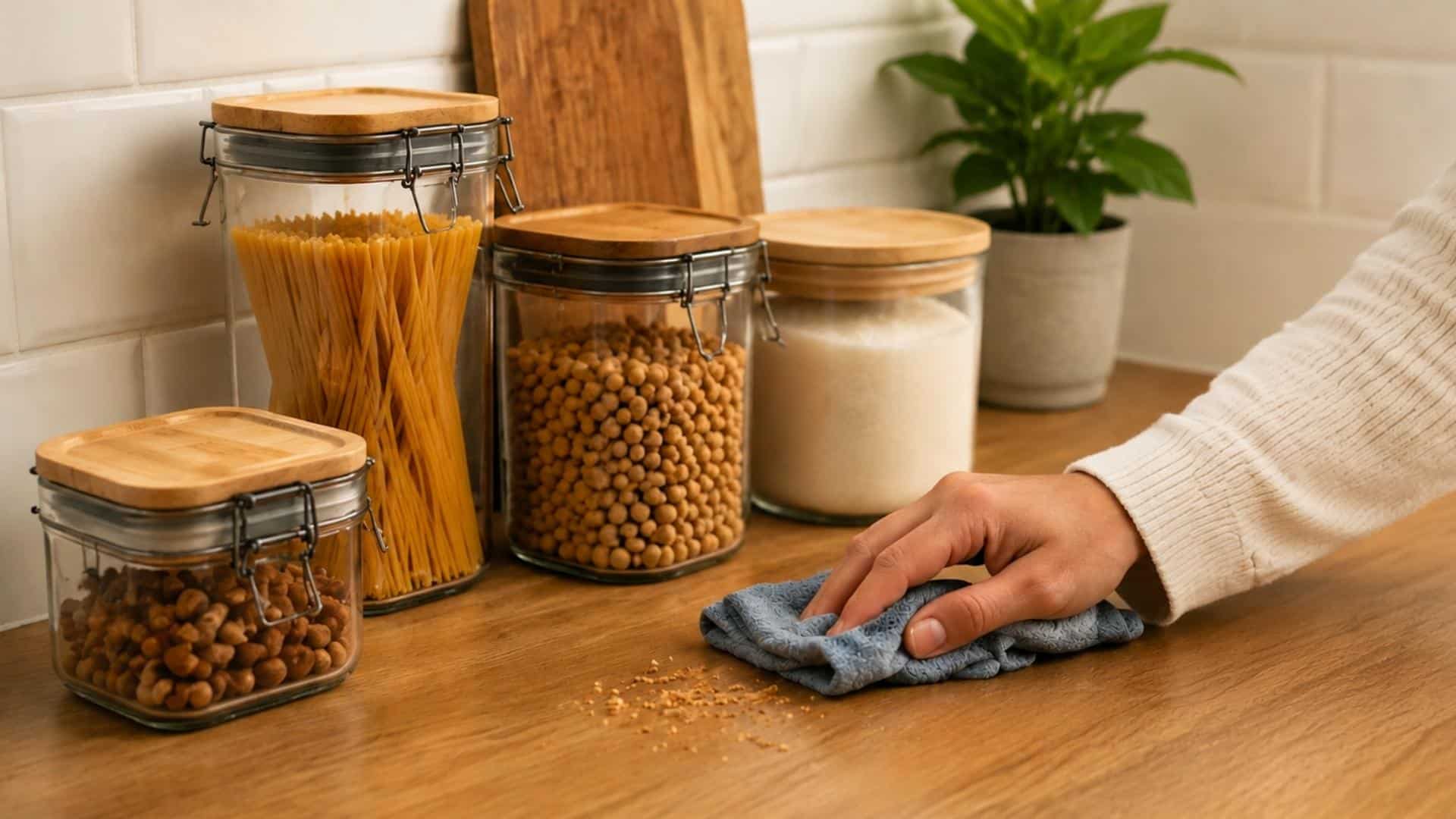 Hand wiping kitchen counter crumbs beside airtight glass jars of pasta and rice.