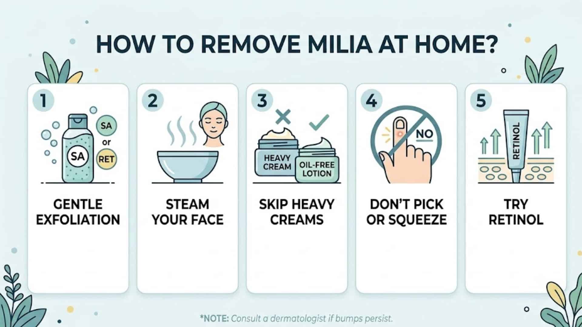Infographic showing five steps to remove milia at home with exfoliation, steam, skincare tips, and retinol advice
