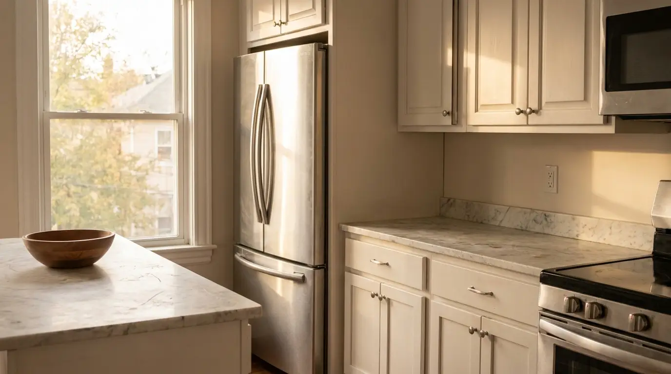 Stainless steel refrigerator and marble countertops in a sunlit kitchen with white cabinets