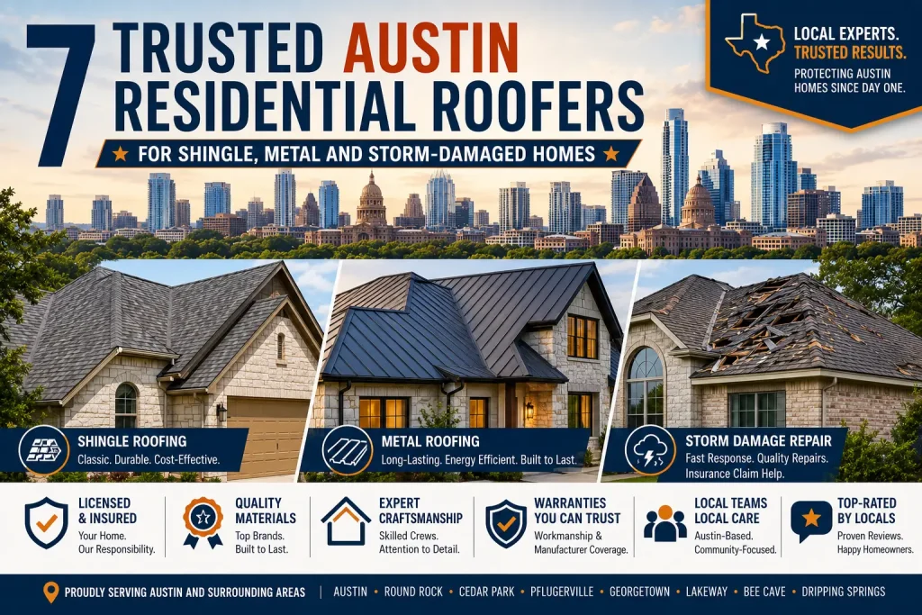 Skyline of Austin above three residential roofs, including shingle, metal, and storm-damaged houses