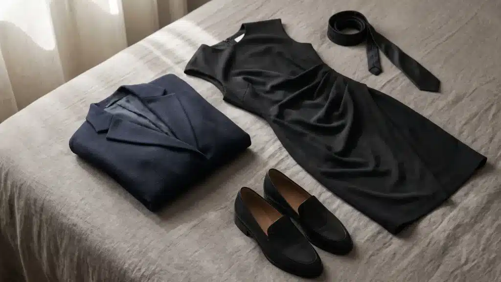 Black funeral dress, navy blazer, loafers, and tie arranged neatly on a bed for a respectful and formal outfit