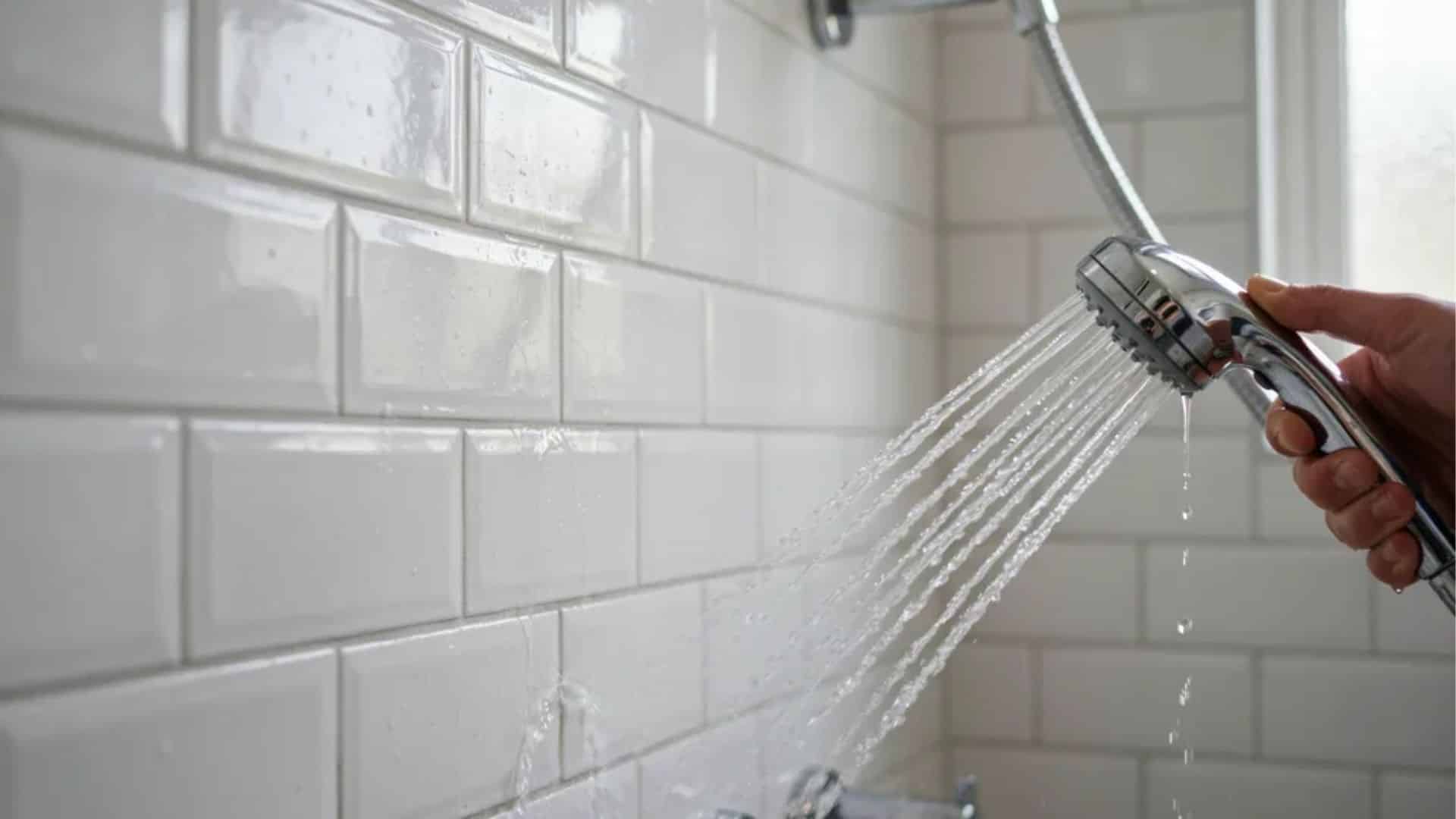 Single hand rinsing shower tiles with water after cleaning mold in modern bathroom showing clear runoff and cleanup