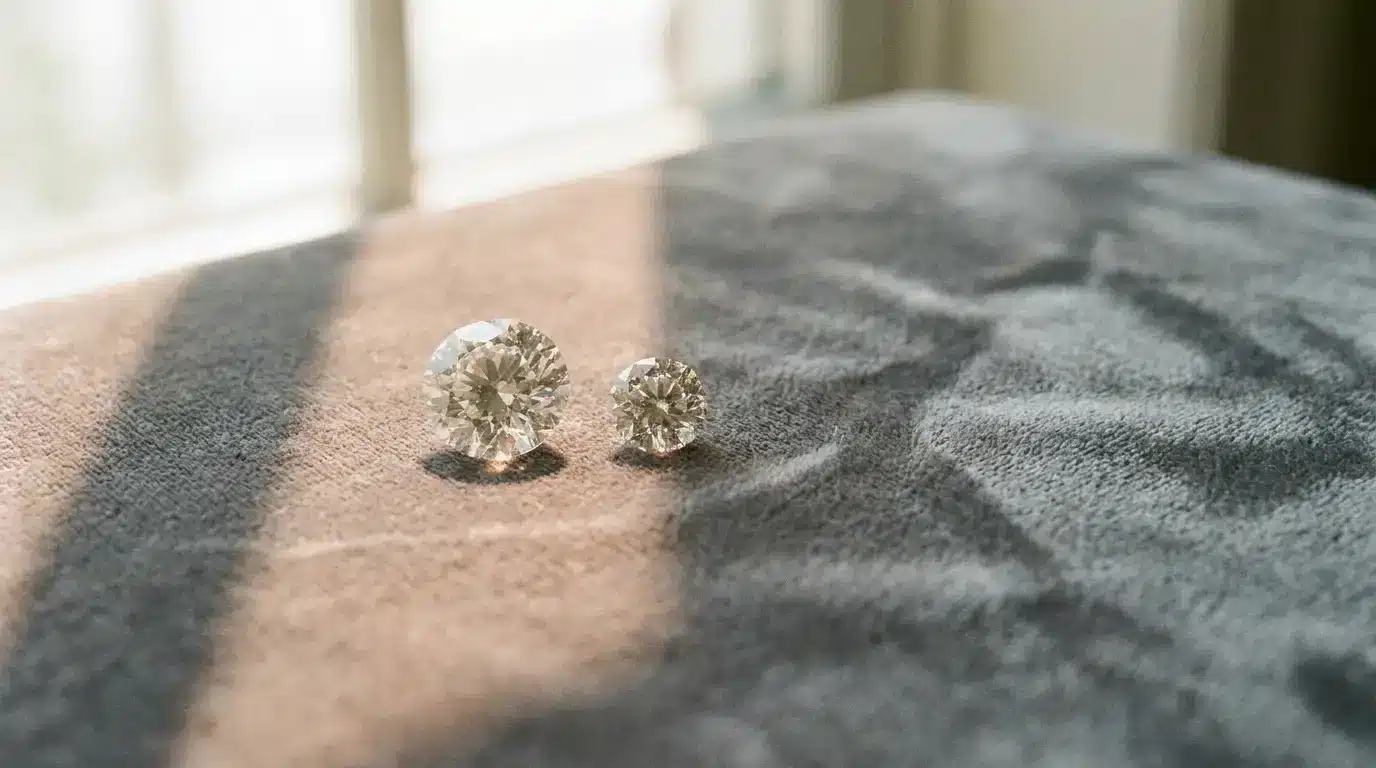 Two round-cut diamonds on soft grey fabric with sunlight streaming in