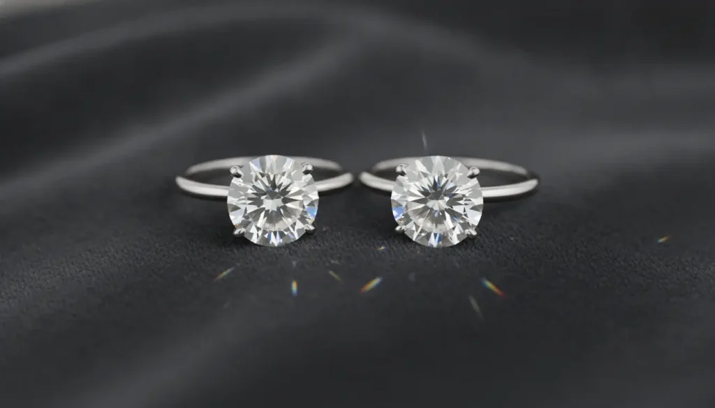 Two solitaire diamond engagement rings on dark fabric background with subtle rainbow reflections