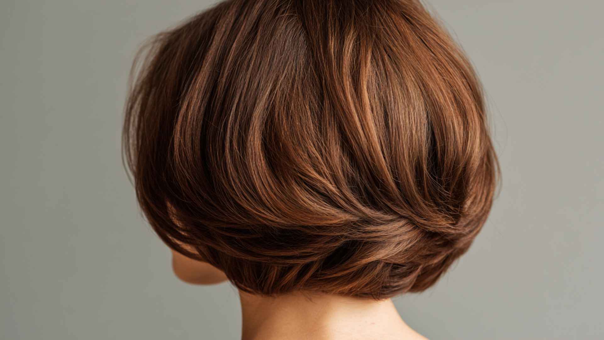 Woman with a rounded U-cut layered bob featuring softly curved layers and gentle volume.