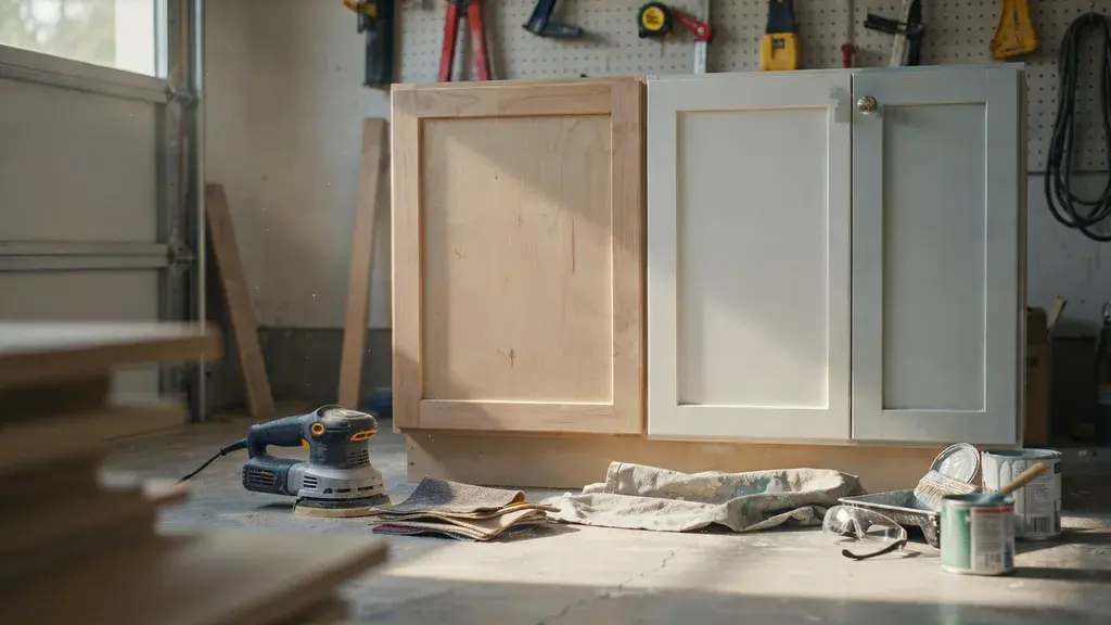 DIY kitchen island cabinet being sanded and painted with orbital sander, primer, paint cans, and finishing supplies.