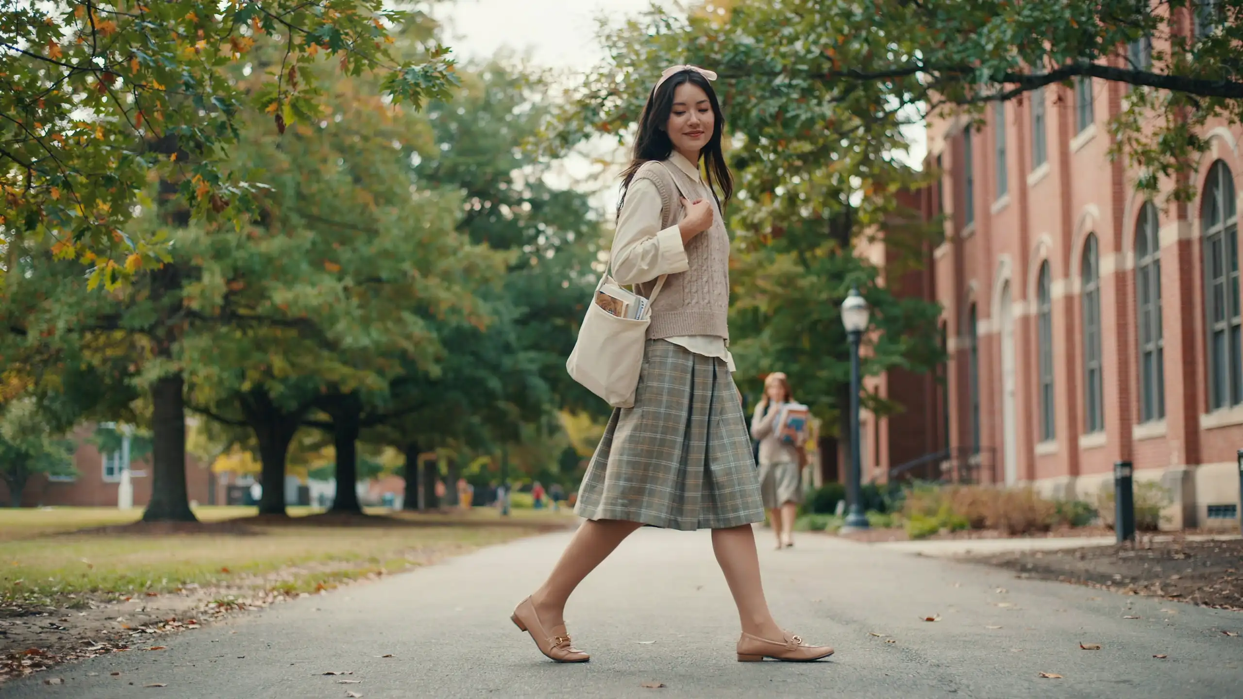 School or college cute coquette outfit styled with sweater vest, skirt and loafers aesthetic look