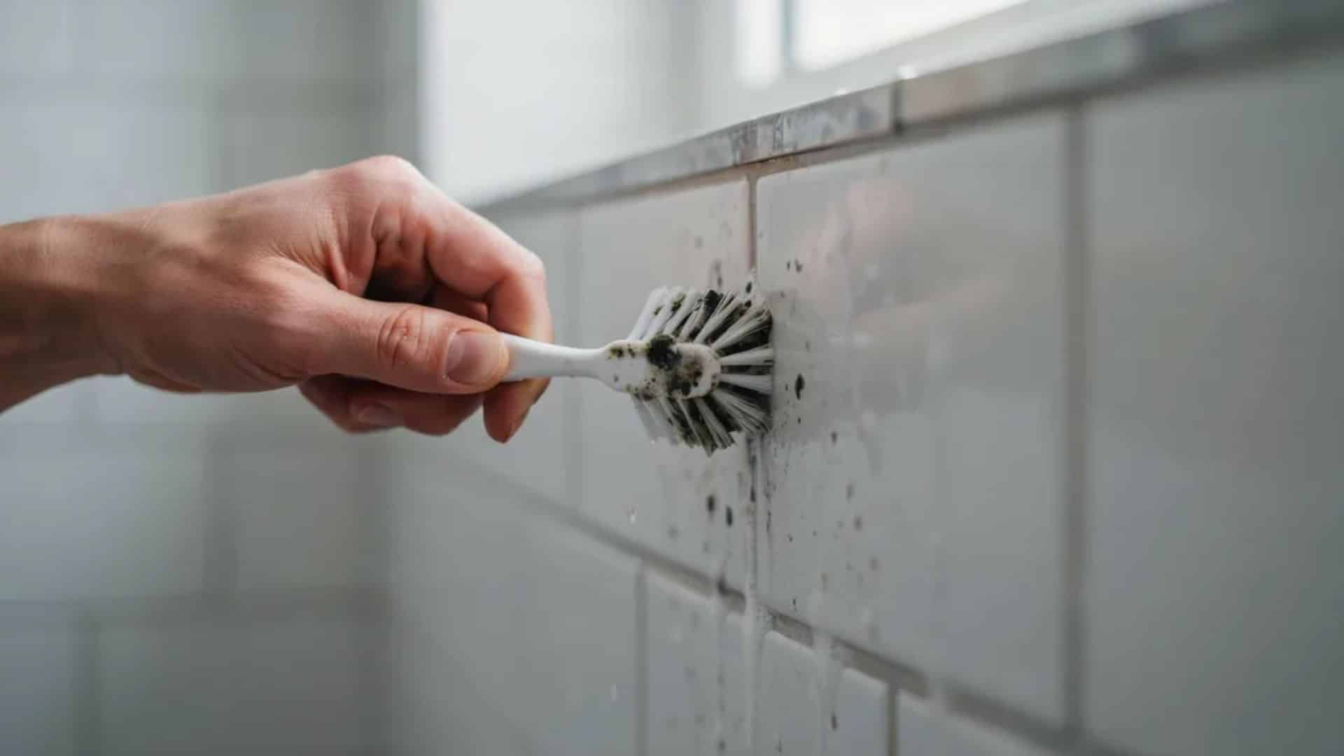 Hand scrubbing grout lines with brush removing mold from shower tiles in close-up modern bathroom scene