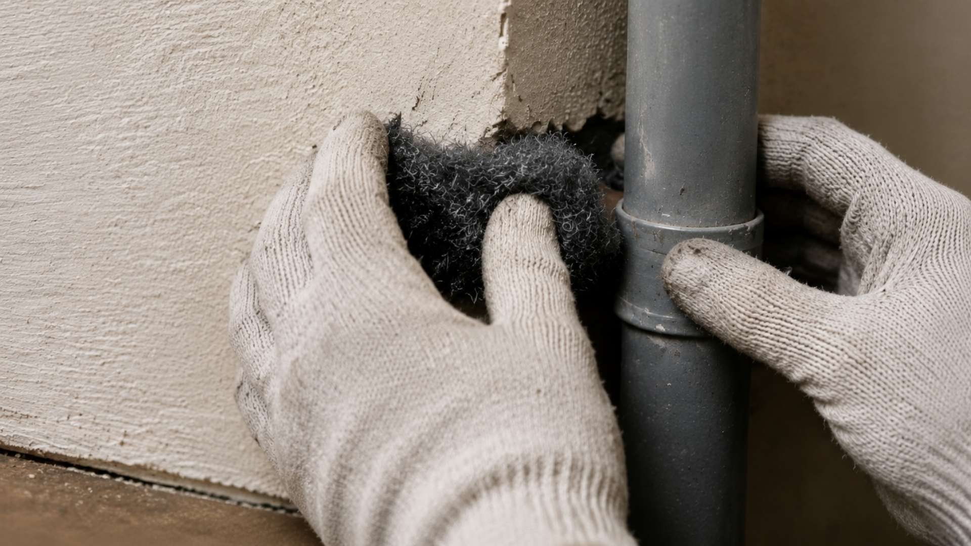Gloved hands stuffing steel wool into a wall gap around a pipe to block mice.