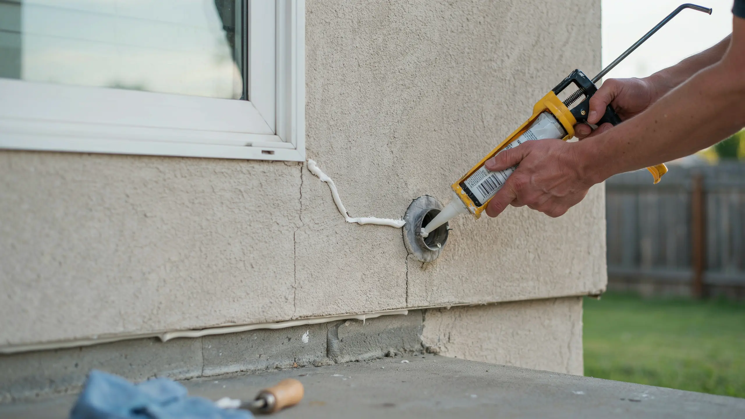 Person sealing a crack near a home foundation with caulk to block ant entry points and prevent infestations.