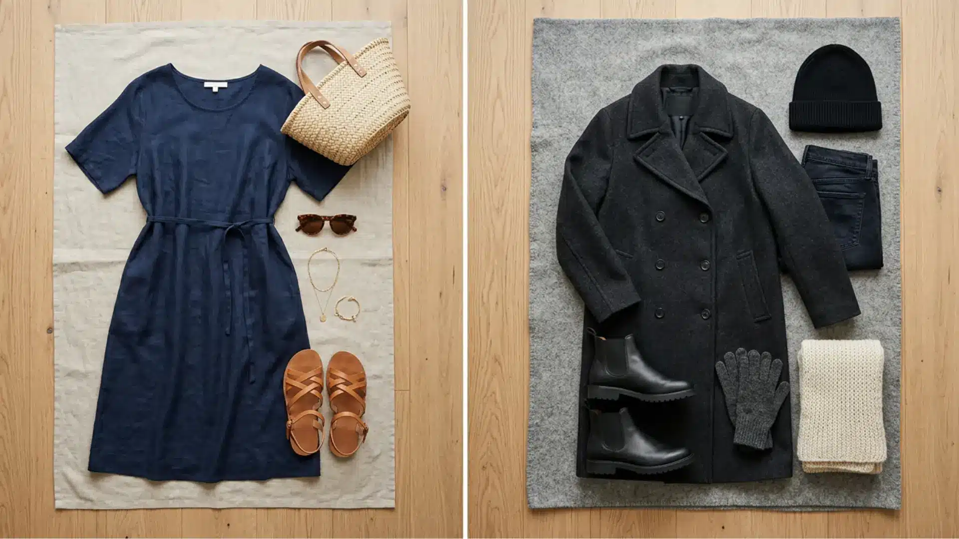 Seasonal funeral attire with a navy summer dress and accessories beside a charcoal winter coat, boots, gloves, and scarf