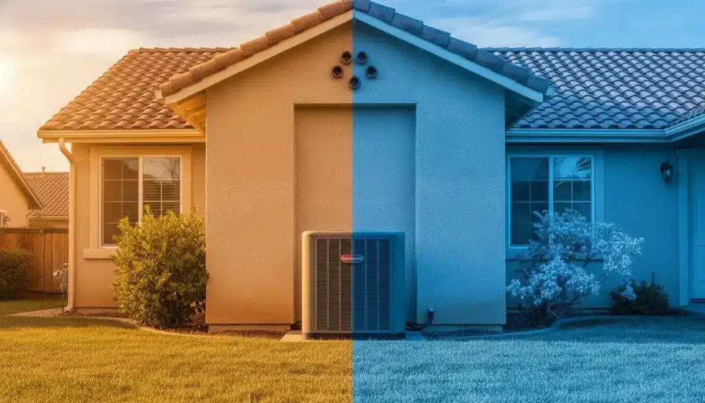 House exterior with split warm and cool lighting, central air conditioning unit, and manicured lawn