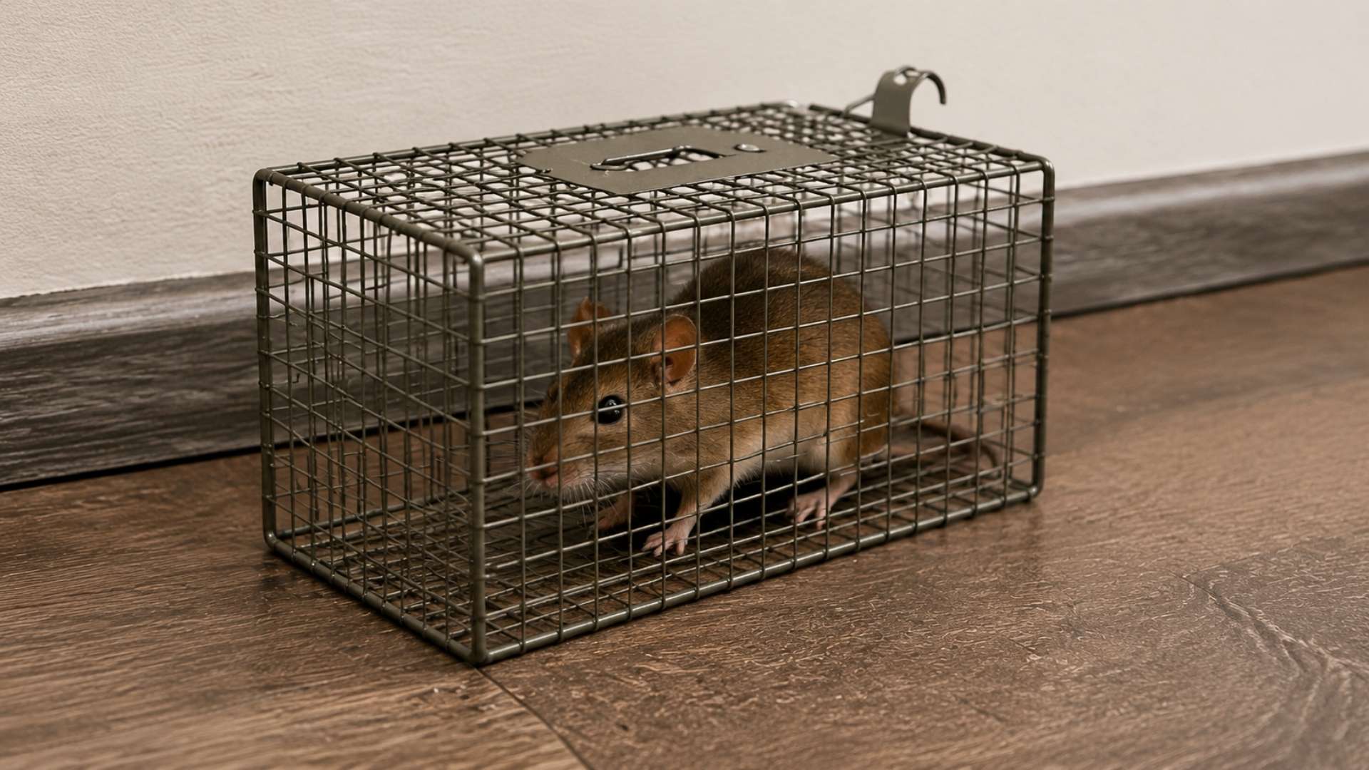 metal wired Live-catch trap with a mouse inside, placed against a wall on a wooden floor.