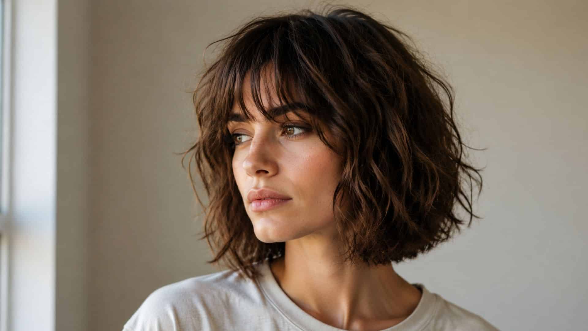 Shaggy cut with curtain bangs and tousled, textured waves.