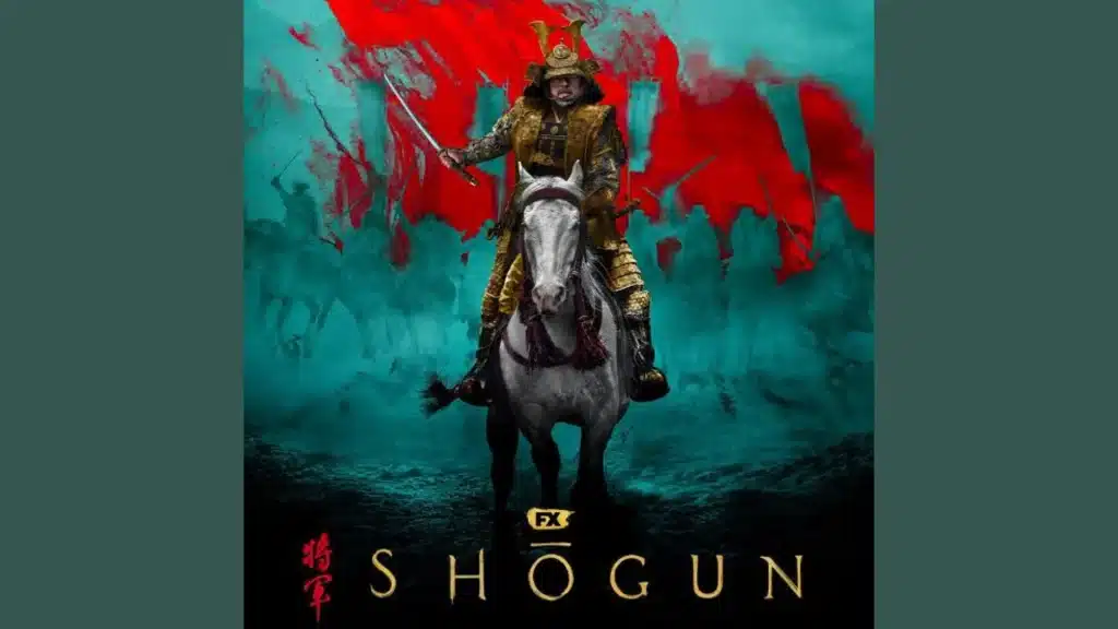 Shōgun promotional poster featuring a samurai warrior on a white horse with vivid red and teal battle themed background artwork