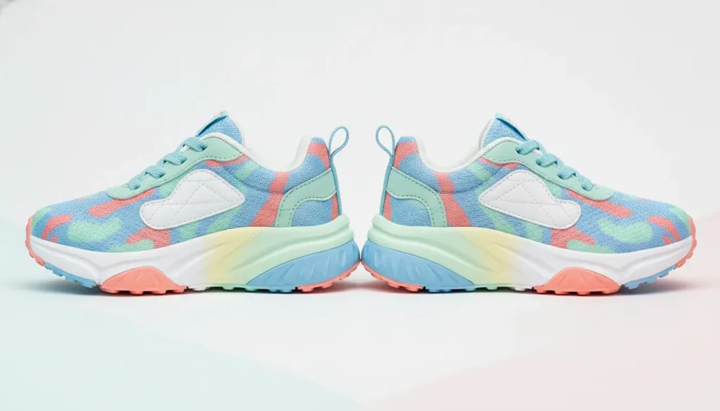 Colorful sneakers with blue, pink, and green accents on a white background