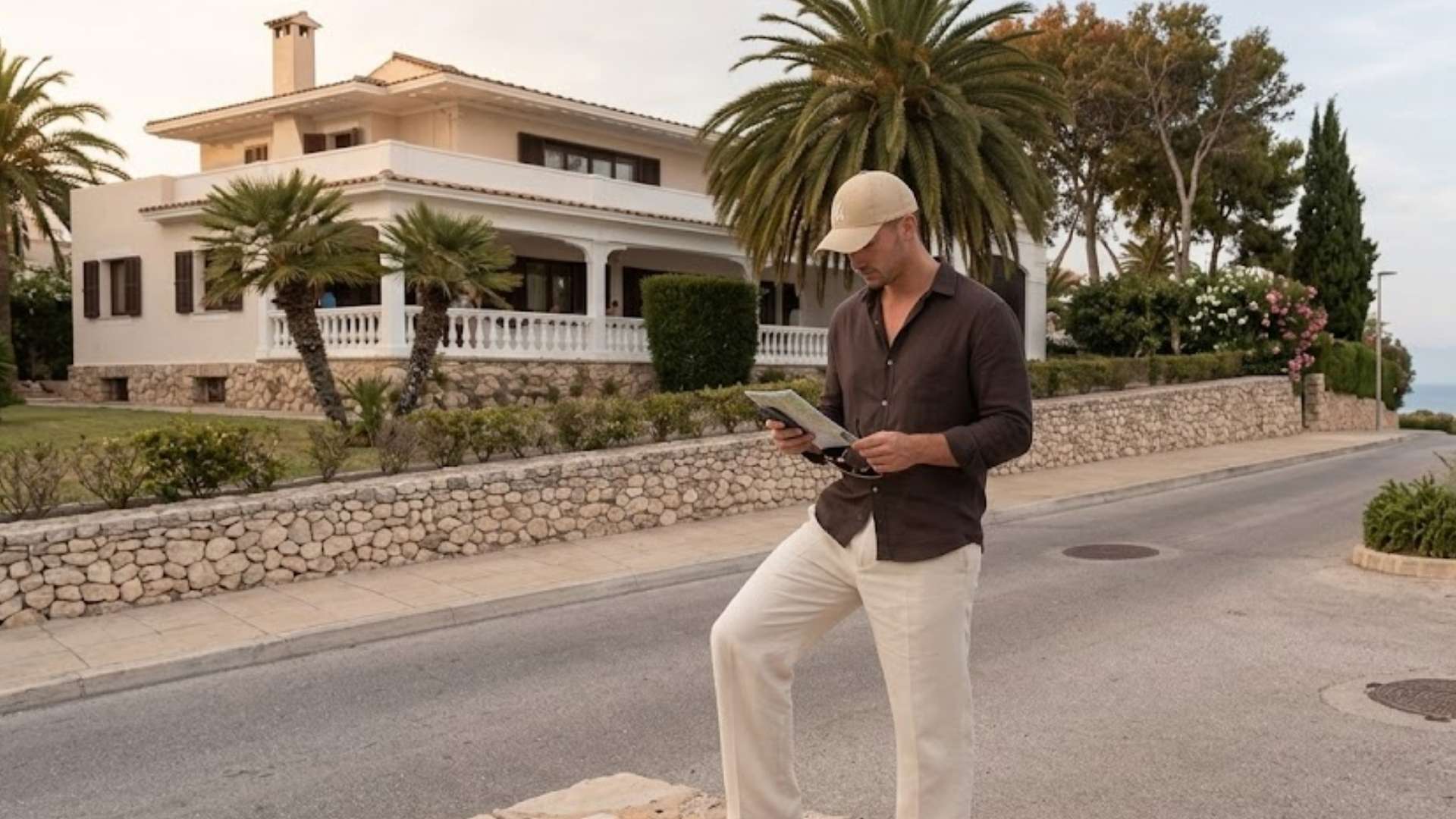 Man wearing a short sleeve button up shirt with linen pants and a cap for a relaxed summer date outfit