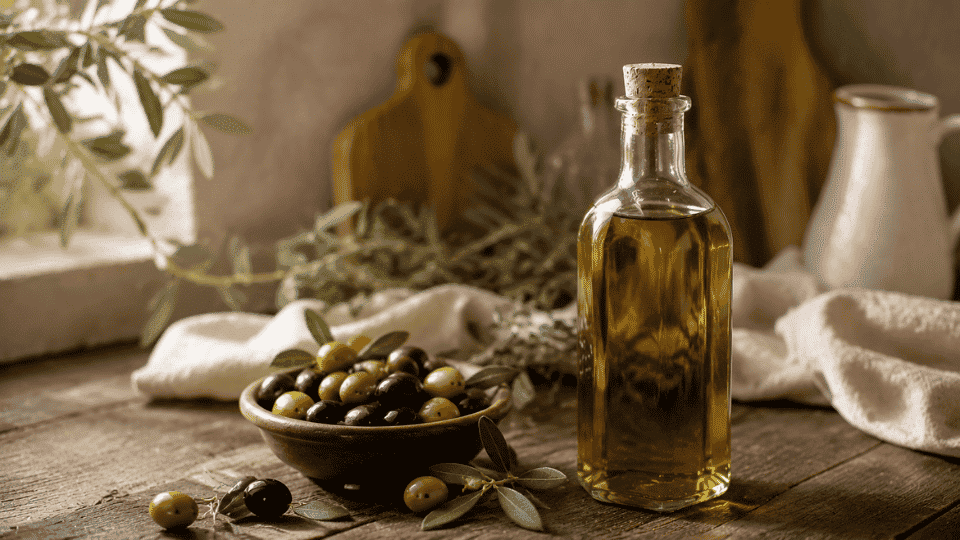 Glass bottle of olive oil with fresh olives on a rustic wooden table in warm natural light.