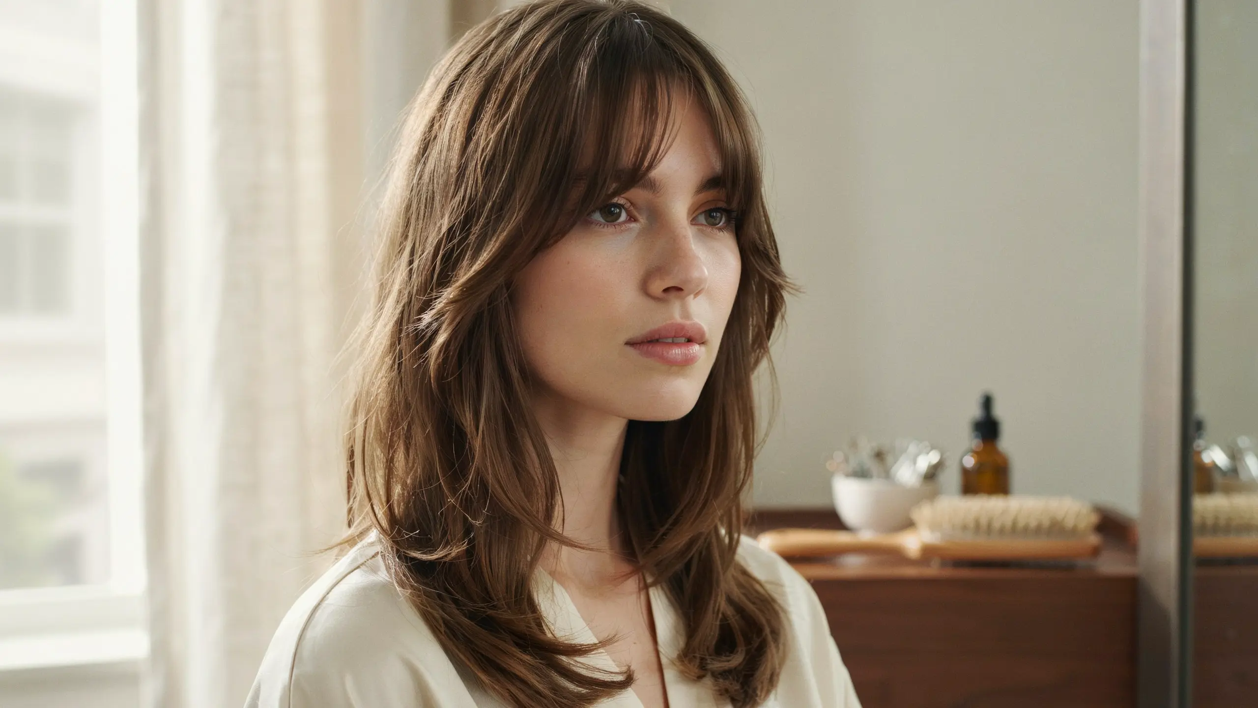 Side swept bangs blending into layered hair with a smooth elegant face framing look