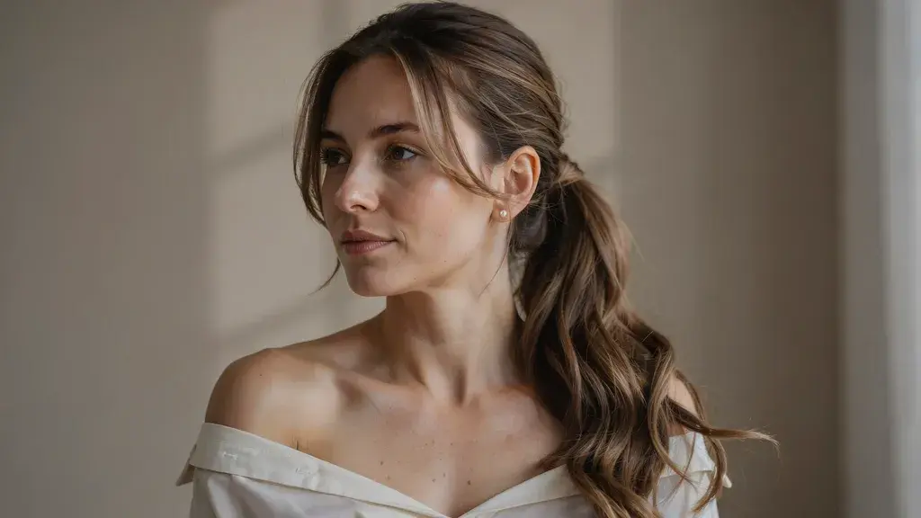 Soft side swept ponytail hairstyle with loose waves over one shoulder and an elegant off-shoulder outfit.