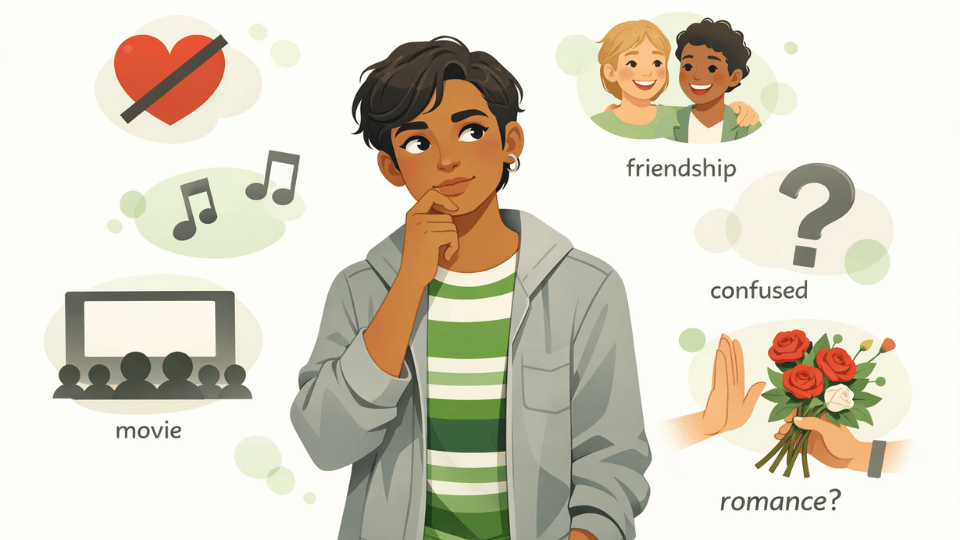 Illustration of a person surrounded by symbols of friendship, romance, and self-discovery.