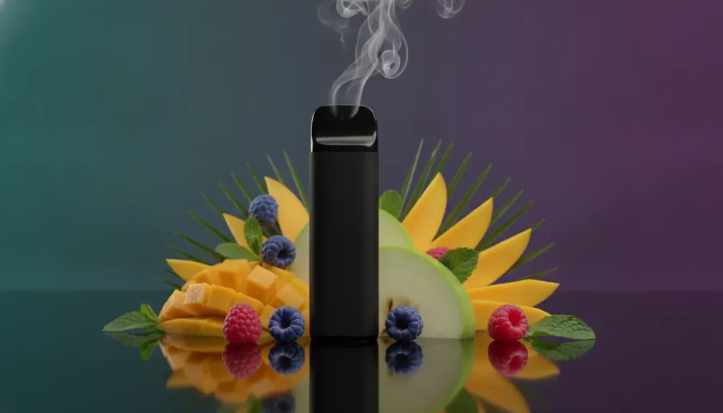 Black vape pen emitting smoke surrounded by colorful fruits on reflective surface