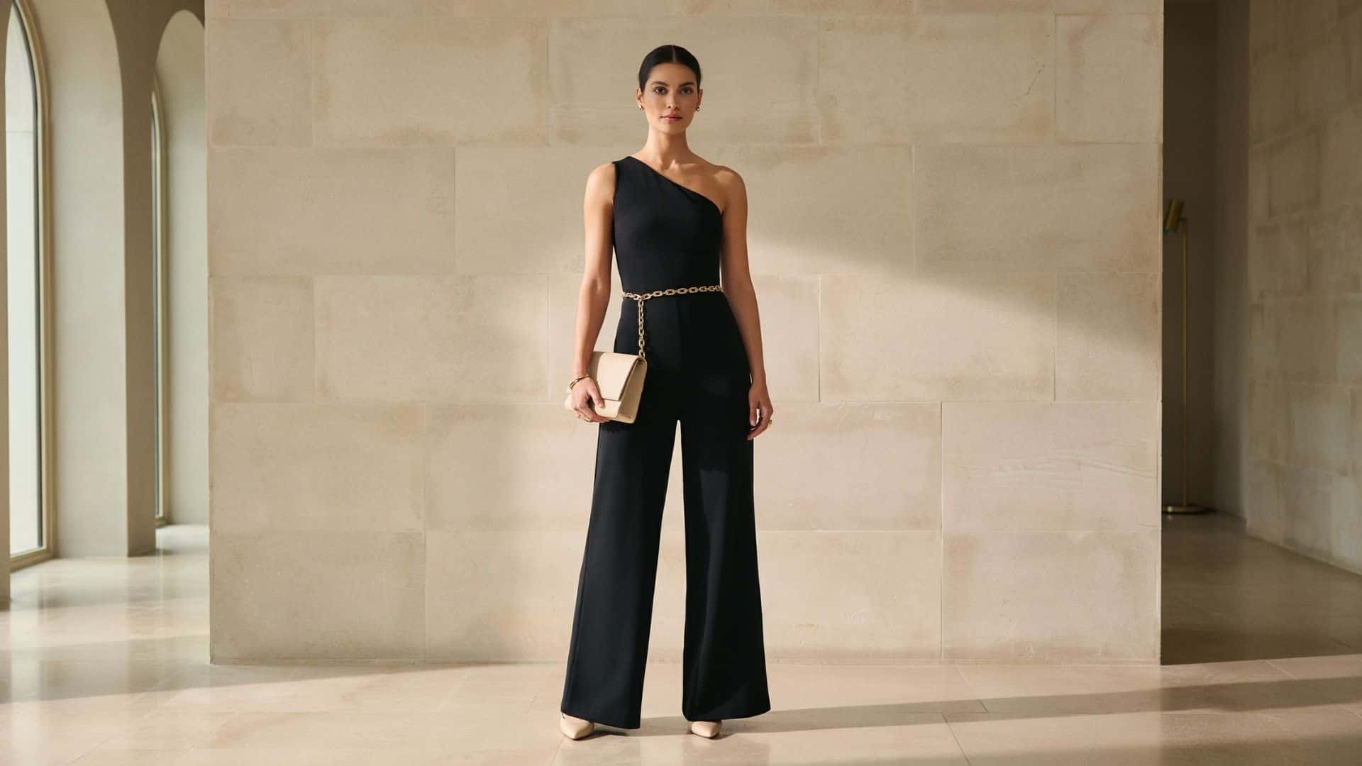 Woman wearing black one shoulder jumpsuit with gold belt holding clutch standing in modern interior elegant fashion look