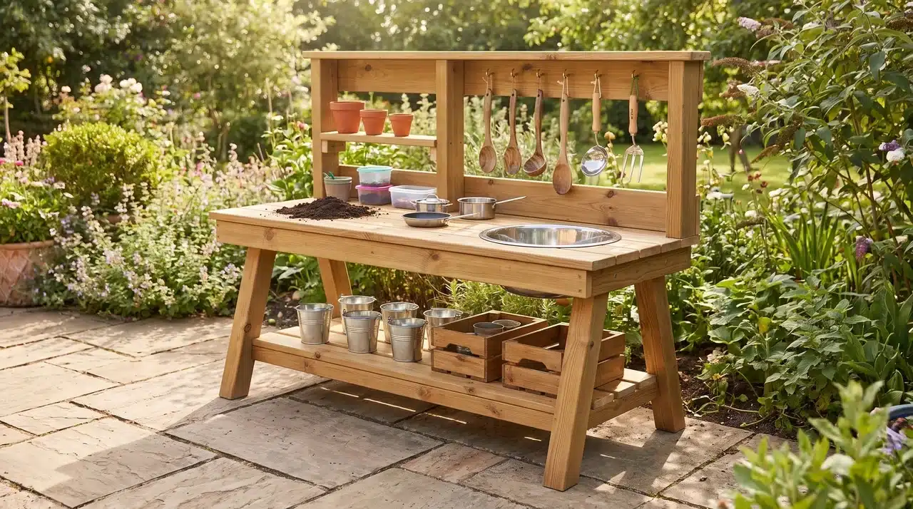 Simple wooden mud kitchen with sink, shelves, and utensils in a backyard garden.