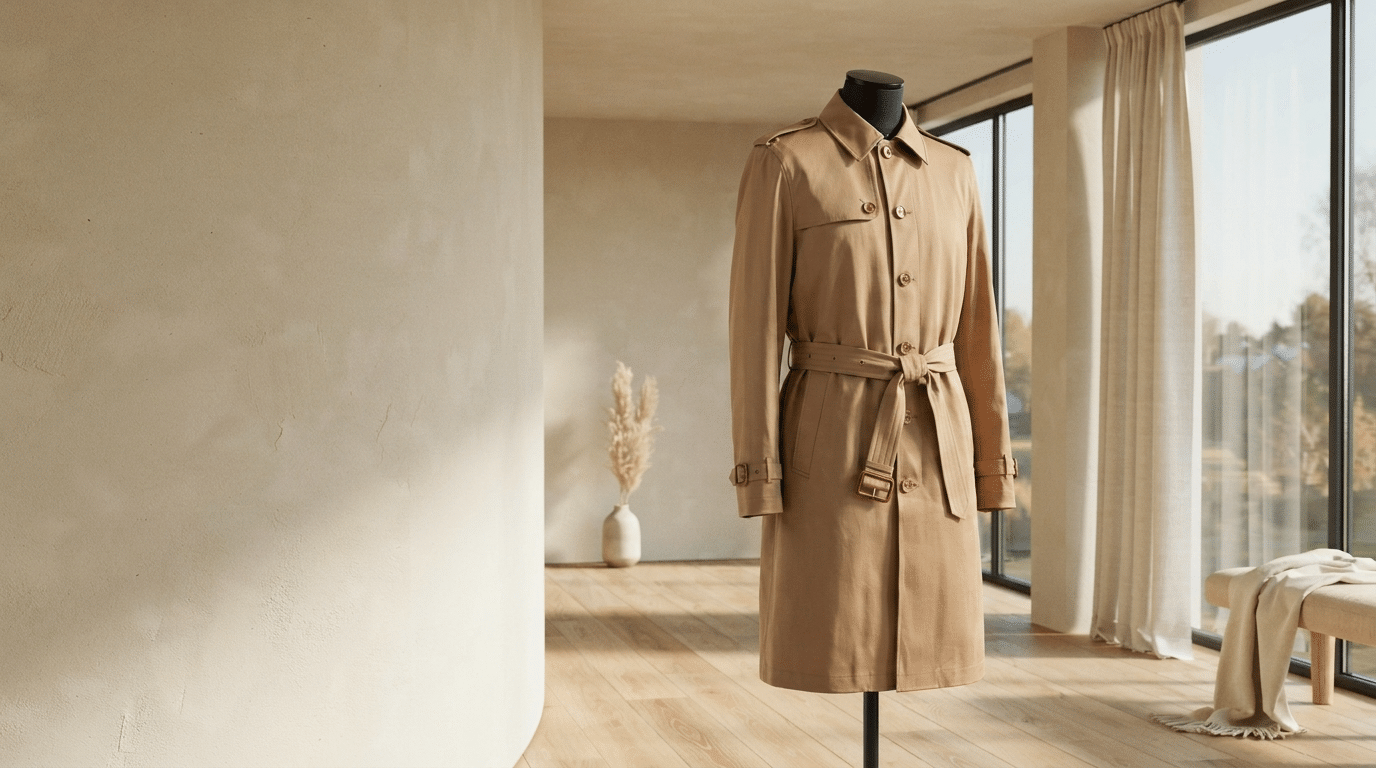 Camel single-breasted trench coat on a mannequin in a sunlit minimalist room with floor-to-ceiling windows.