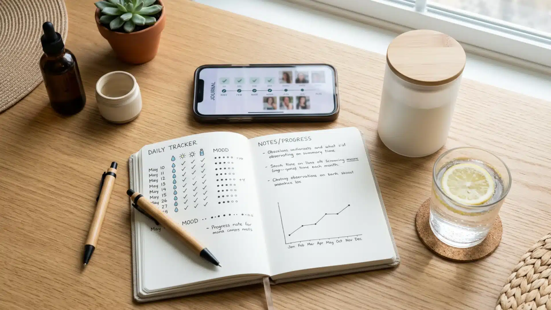Skincare progress tracking setup featuring a journal, phone timeline, beauty products, and daily notes on a wooden desk