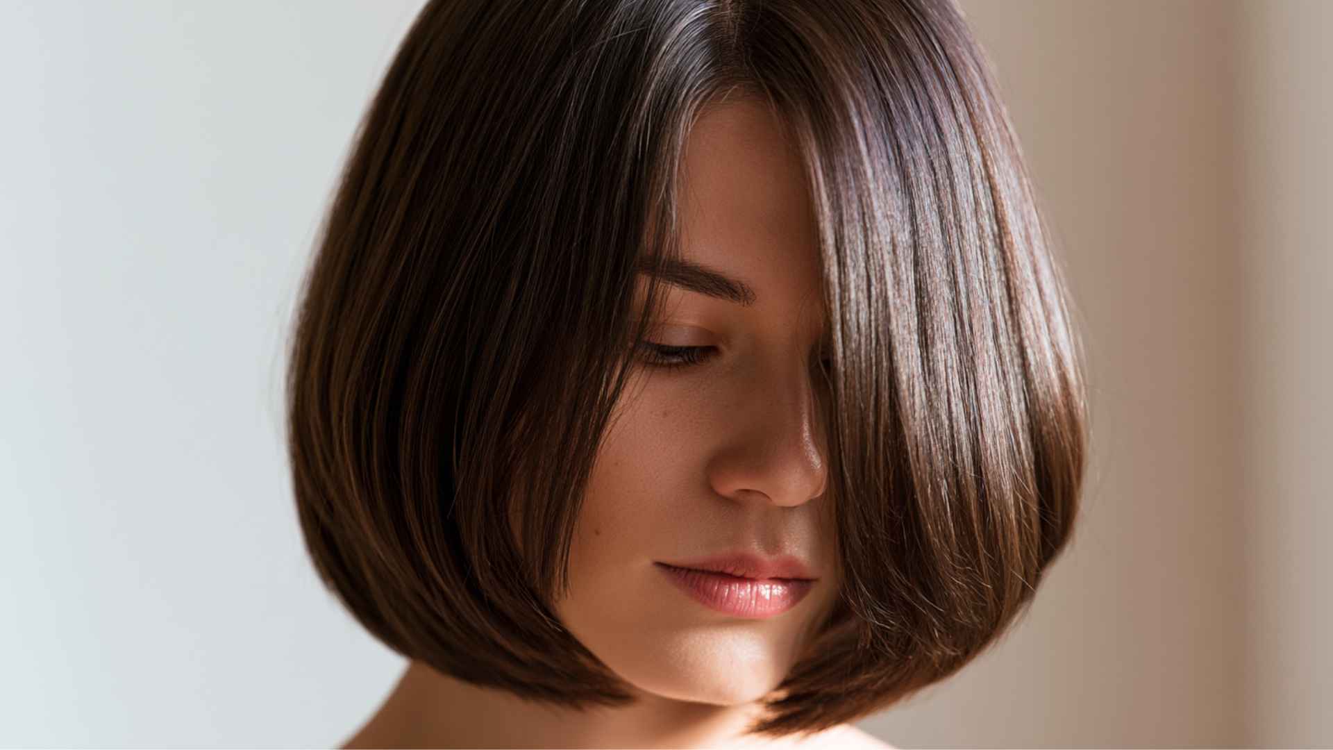 Woman with a sleek straight layered bob featuring smooth glossy layers and a polished finish.