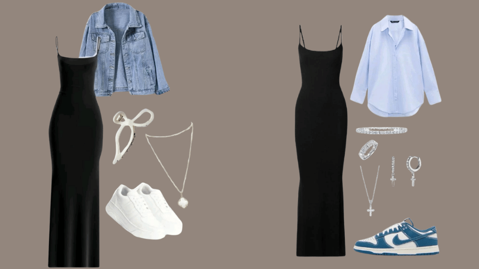 Minimalist outfit featuring a satin slip dress, denim jacket, white sneakers, and delicate accessories.