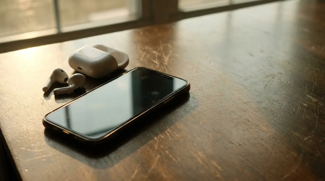 Smartphone and wireless earbuds on wooden desk under soft natural light