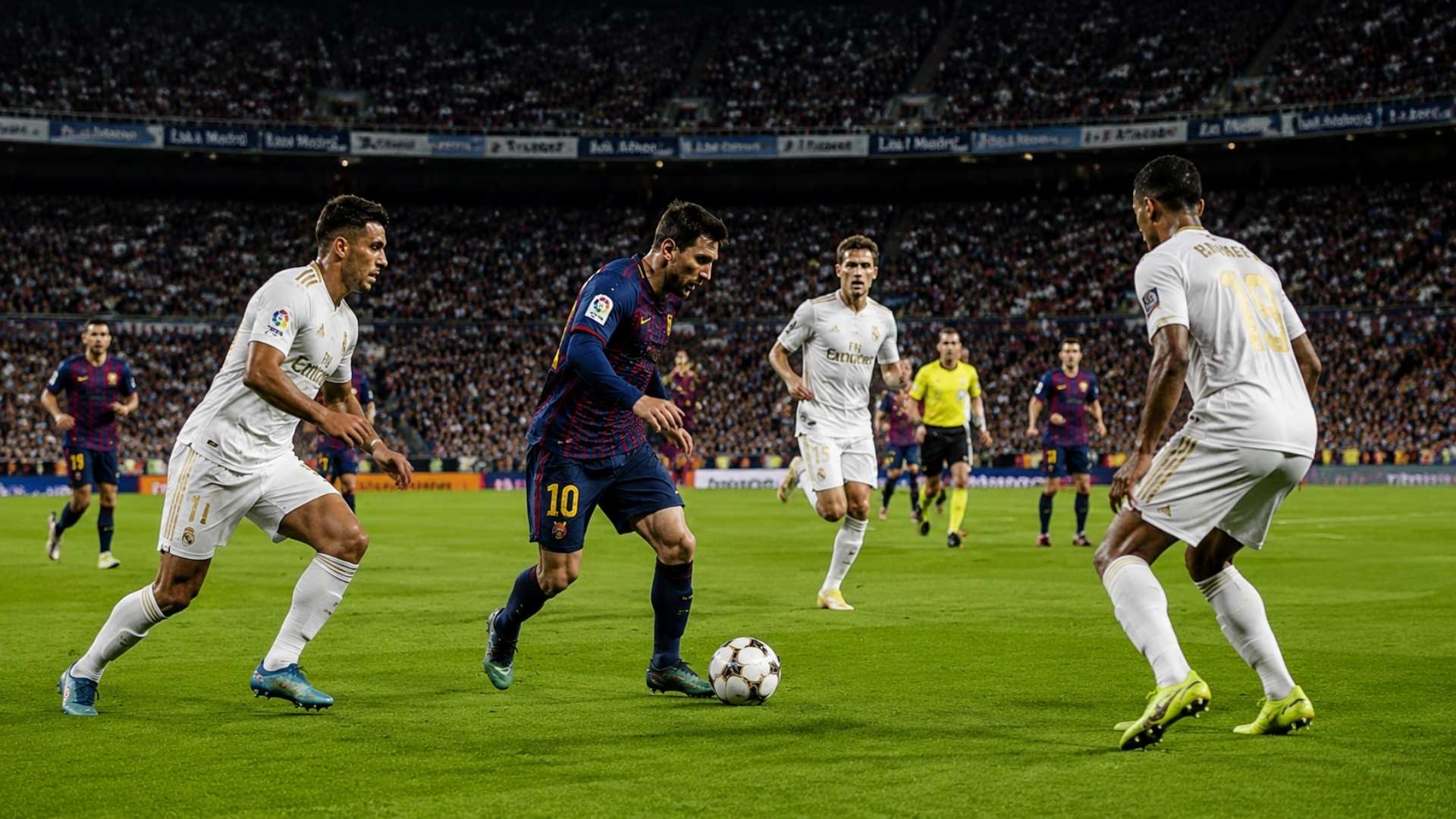 Football player in blue and red kit dribbles ball past defenders in white during stadium match