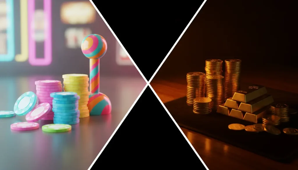 Colorful poker chips and game piece in neon-lit room, stacked gold coins and bars on wooden surface