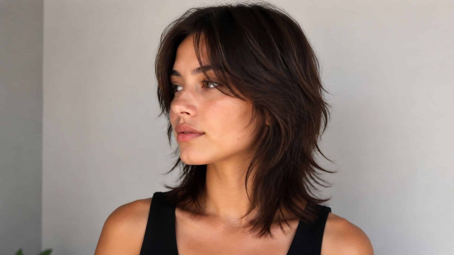 Soft mullet with shaggy layers and wispy fringe framing the face.