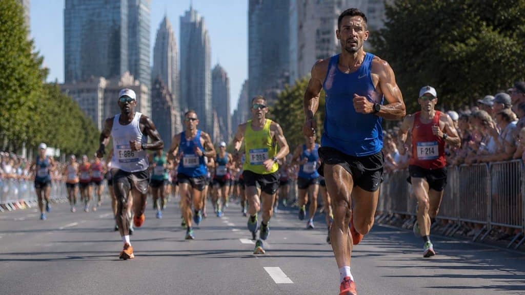 City marathon race with lead runner in blue singlet pushing ahead of pack amid skyscrapers crowd.